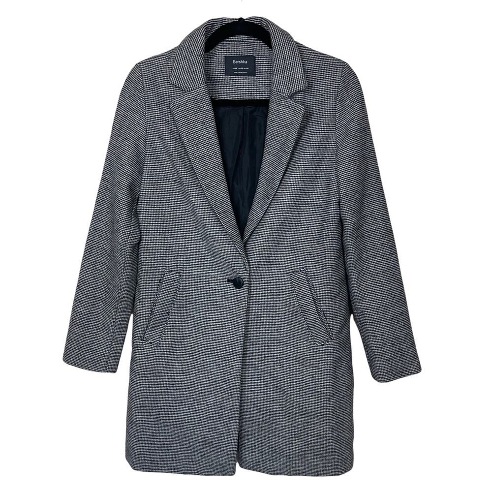Bershka Long Sleeve Notch Collar Single Button Houndstooth Coat Black White XS